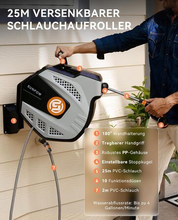 Шланг для поливу SUNPOW RollUp 25м з автоматичним змотуванням, настінний, сірий, з 10 функціональними розпилювачами