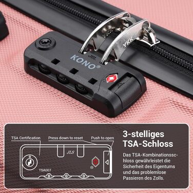 KONO Набір валіз 3 в 1 з ABS, рожевий колір, з TSA замком, M-L-XL, з роликами