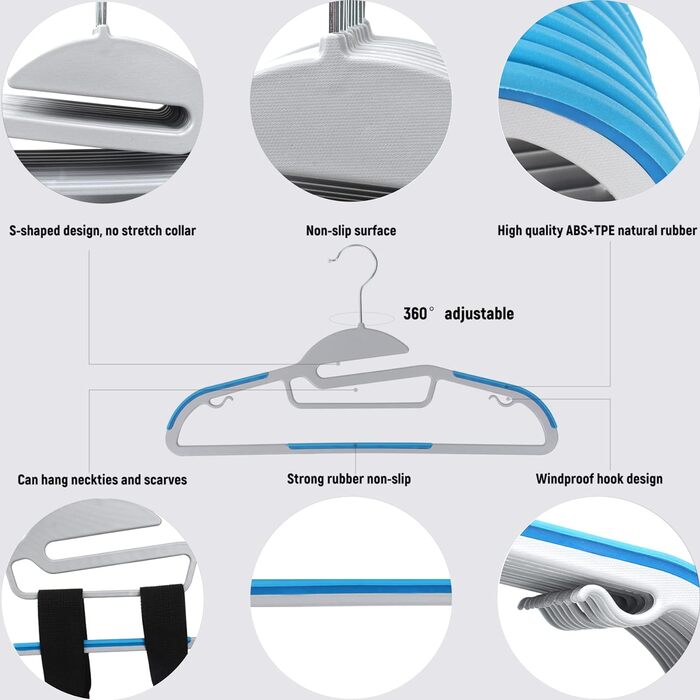 Вішалка для одягу GRANDMA SHARK, пластикова, нековзна, компактна, з органайзером для краваток, гачок на 360 градусів (синя, 20)