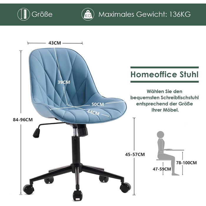 Офісне крісло YOUTASTE з принтом листя, ергономічне, регульоване по висоті з функцією гойдання, без підлокітників, шкіряне, для дому та офісу, блакитне