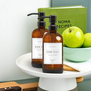 Набір дозаторів для мила 2 шт. з нержавіючою помпою, набір для кухні та ванної кімнати, скляні дозатори 475 мл, вологостійкі етикетки, колір: бронзовий