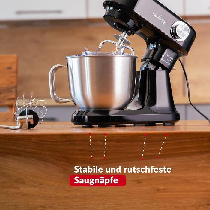 Кухонна машина Lehmann - планетарний міксер з набором аксесуарів - 3 насадки, захист від бризок, 5л чаша, 12 швидкостей, захист від перегріву, неслизька, чорний