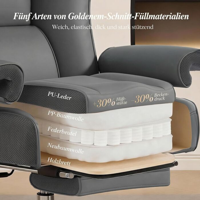 Офісний крісло Efomao XXL 200 кг з підставкою для ніг, сіре. Крісло для керівника з екошкіри, висока спинка, регульовані підлокітники, підтримка попереку для дому та офісу.