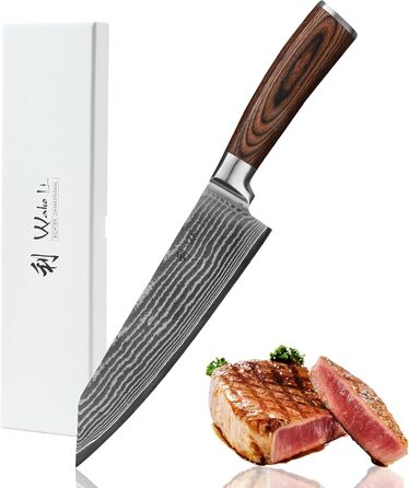 Японський ніж Wakoli EDIB Kiritsuke з дамаської сталі (серцевина VG10), 20 см – професійний кухонний ніж для точних нарізок, з ручкою з паккавуду, у подарунковій коробці (без гравію)