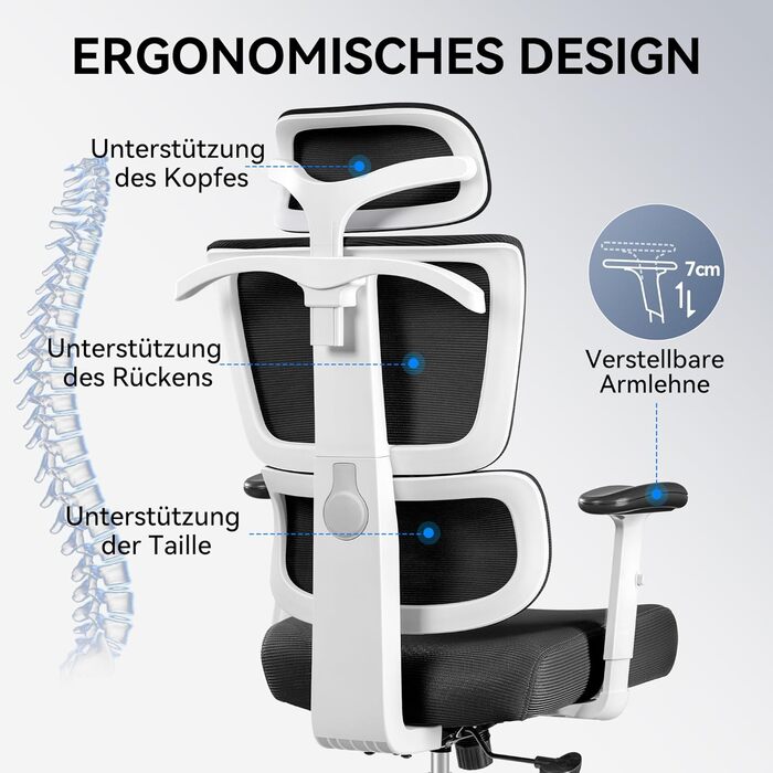 Ергономічне офісне крісло DoChair з вішалкою, 3D підголівником, регулюється по висоті, білий