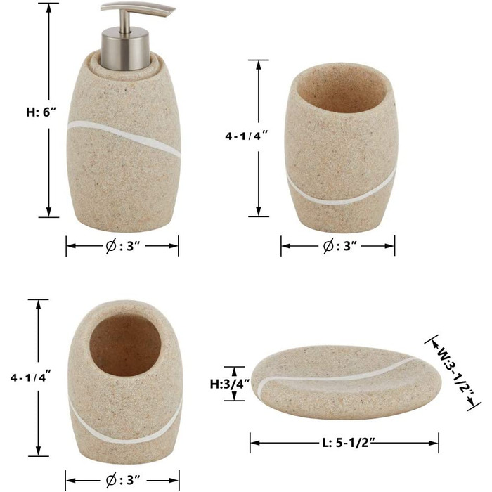 Набір для ванної кімнати ZCCZ 4 шт. и органайзер з тримачем для зубних щіток, дозатор для мила, миска, кам'яний вигляд, бежевий