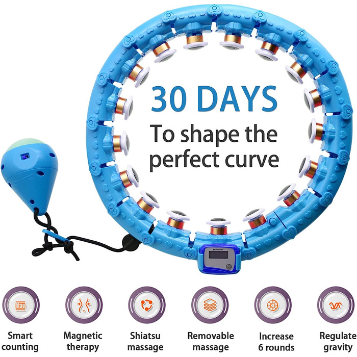 Розумна обручка wepai для дорослих, обруч з вагою з магнітною подушкою для масажу, 24 регульованих рахункових обруча зі світлодіодними гравітаційними кульками для вправ, фітнесу, схуднення, синього кольору