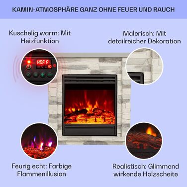 Електрокамін Klarstein 1800 Вт з LED полум'ям, електричний обігрівач з дистанційним керуванням, автоматичне регулювання температури, для вітальні та приміщень, сірий, сучасний дизайн