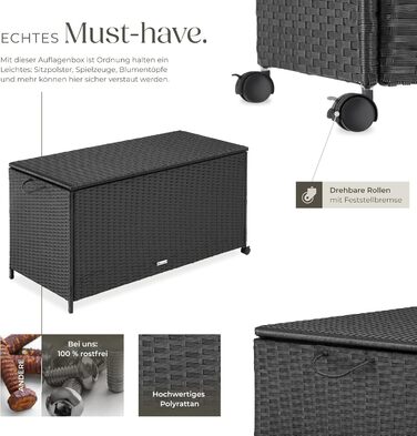 Скриня для саду Tectake з ротангу, чорна, 297л, водонепроникна, на колесах, для тераси та балкону 117x54x64 см