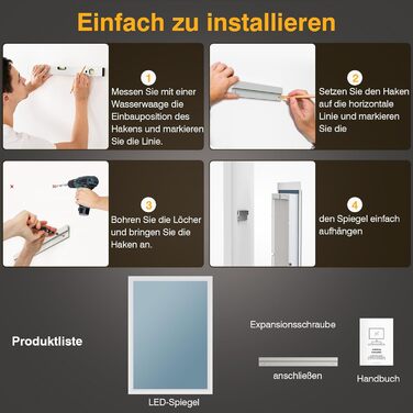 Дзеркало для ванної кімнати з підсвічуванням LED, антизапар, 2 кольори світла (3000K/6500K), вимикач-клавіша, прямокутне, 45 x 60 см