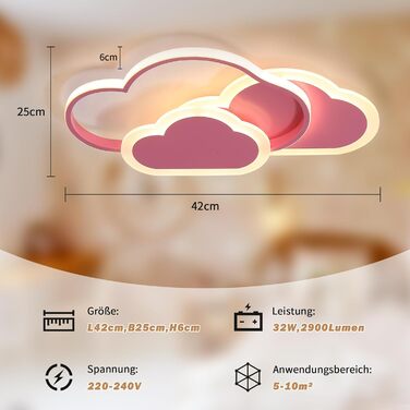 Світлодіодний стельовий світильник-хмара 32 Вт, з можливістю затемнення, пульт дистанційного керування, рожевий, 42 см, для дитячої кімнати/спальні