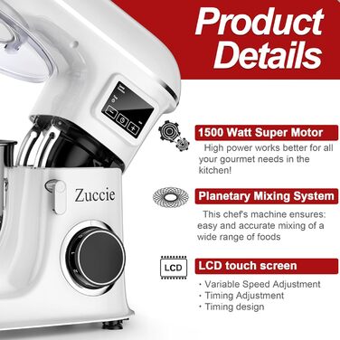 Кухонна машина 1500W 8L з 6 швидкостями, функцією ферментації та LCD-дисплеєм (біла)