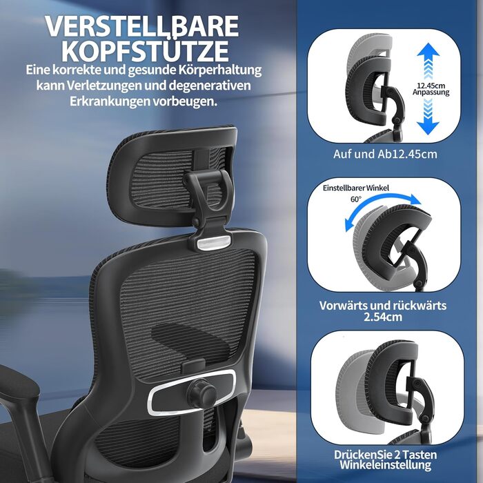 Офісне крісло TRALT Ergonomiczne: регульована підголовник, поперекова підтримка, для великих людей, сітка, 150 кг, чорний