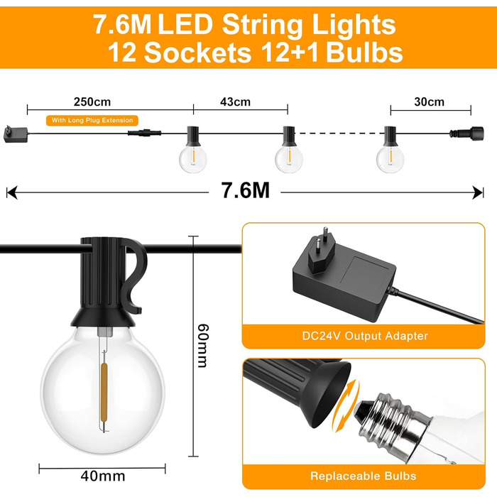 Ланцюжок гірлянд GLUROO для вулиці, диммування, 45.7 м, вологостійкий, з пульт дистанційного керування, 75+2 лампочки G40, LED, для саду