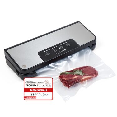 Вакууматор KLAMER Vakuumierer Pro 80 (2025) для сухих та вологих продуктів, для Sous Vide, сріблястий, з пакетами та шлангом