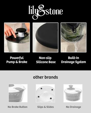 Салатниця-центрифуга з нержавіючої сталі, велика, 6.33 л: для миття та сушіння салатів, овочів та фруктів