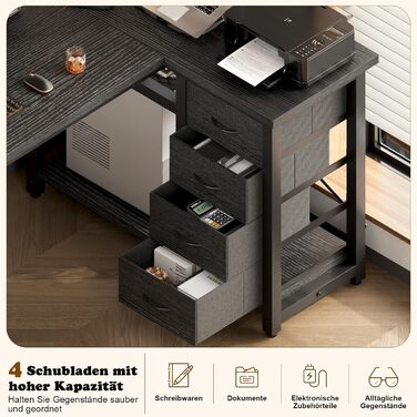 Кутовий стіл Devoko з 4 ящиками з тканини, 2 розетками та 2 USB-портами, для дому та офісу, ігор, білий, 140x80 см