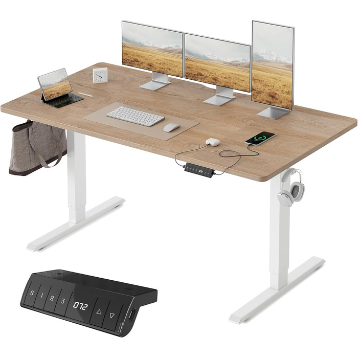 FEZIBO Стол з регулюванням висоти 160x80 см з USB-портами, електричний, для дому/офісу, економія місця, дуб