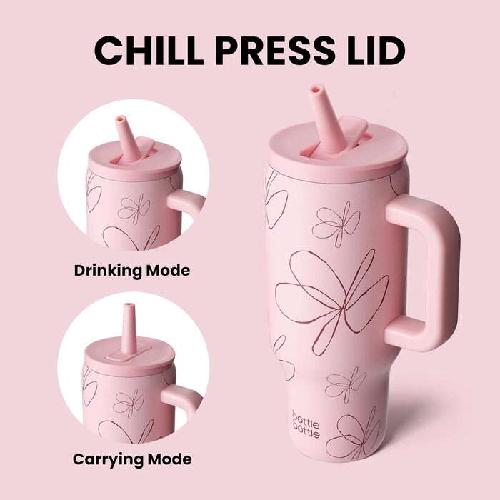 Термокружка з нержавіючої сталі 900мл з ручкою та трубочкою – BPA-free, подвійні стінки, без витоку – для подорожей, офісу, навчання, спорту та як подарунок (квітковий принт)