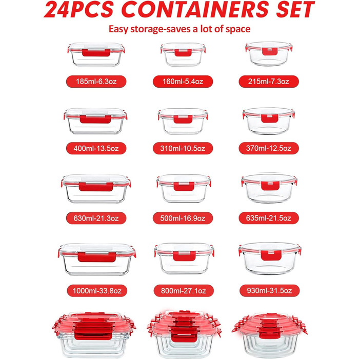 Набір контейнерів Verones 24 шт. з кришками, повітріобіг, скляні ланч-бокси, для зберігання, миття в посудомийній машині, (червоний/для подорожей, однотонний)