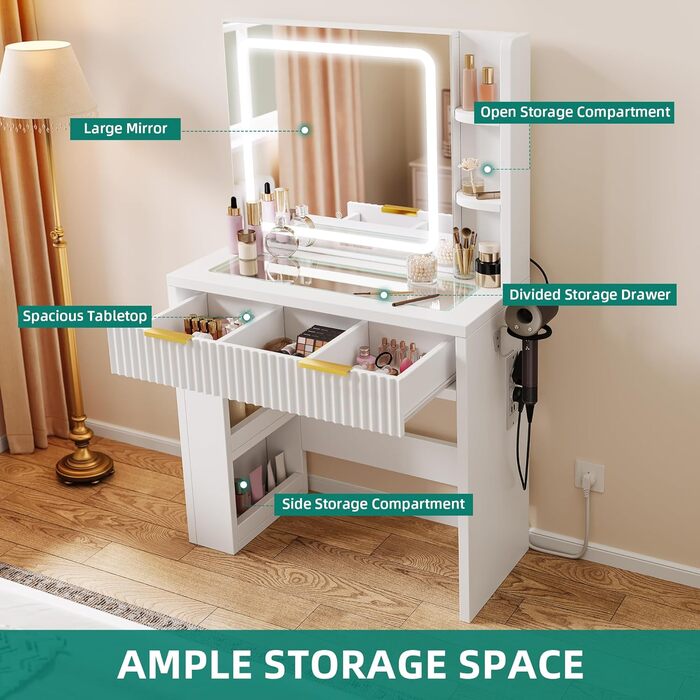 Дзеркальний туалетний столик YITAHOME з LED-підсвічуванням, білий, 115x40x134 см
