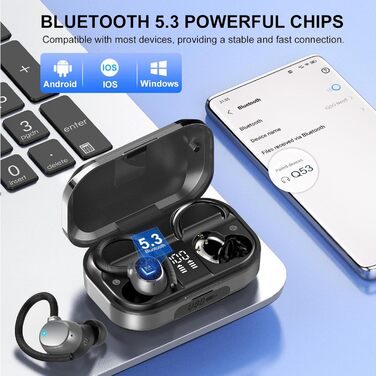 Спортивні навушники Bluetooth, Бездротовий 5.3, Час відтворення 120 годин, LED, Глибокі баси, IP7, Вушні гачки (сірий)