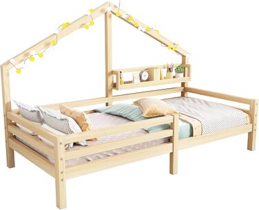 Ліжко дитяче Merax 90x200 см з бортиками, з ящиками та полицею, біле. Стабільне дерев'яне ліжко-будиночок з ламелями. Ігрове ліжко для хлопчиків та дівчаток.