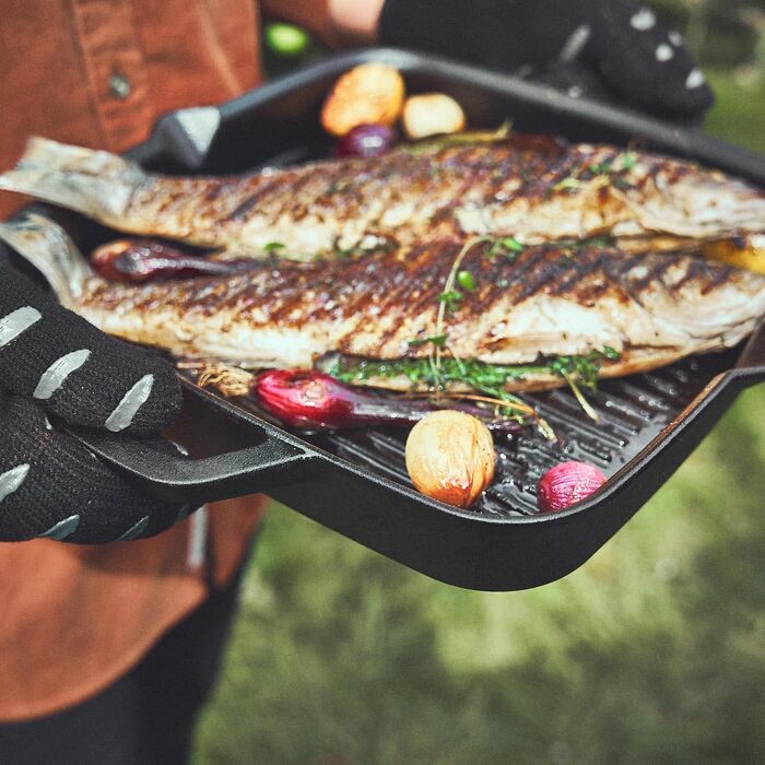 Гриль-сковорода Burnhard Gusseisen, квадратна 30 см, з попереднім прожарюванням, для стейків, сумісна з газовими грилями, духовкою, вогняною чашею та всіма типами плит (включаючи індукційну), чавунна сковорода-гриль 30 см