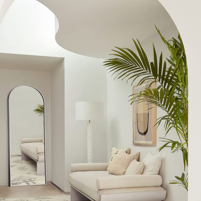 Нове дзеркало в повний зріст 163x54 см, підлогове дзеркало великого розміру з підставкою для стояння або притулення до стіни, підлогове дзеркало для спальні, ванної кімнати, вітальні, арочне (золото) (163 х 54 см, Срібне арочне)