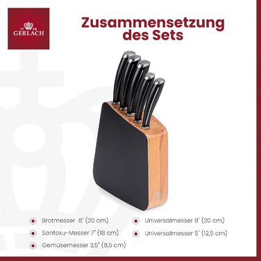 Набір кухонних ножів Gerlach 1760: 5 ножів (Santoku, для хліба, кухонні, для овочів) з нержавіючої сталі, антиковзна ручка, 55-56 HRC, Loft