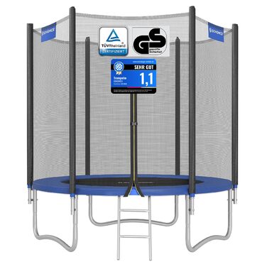 Батут SONGMICS вуличний Ø183/244/305/366/427 см, дитячий садовий батут з захисним покриттям, сіткою, драбиною та м'якими стійками (183 см, Синій)