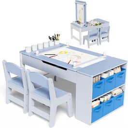 Дитячий стіл MAMIZO з 2 стільцями: дерев'яний стіл для ігор з місцем для зберігання, комплект меблів для дітей, стіл для малювання та рукоділля, від 3 років (блакитний)