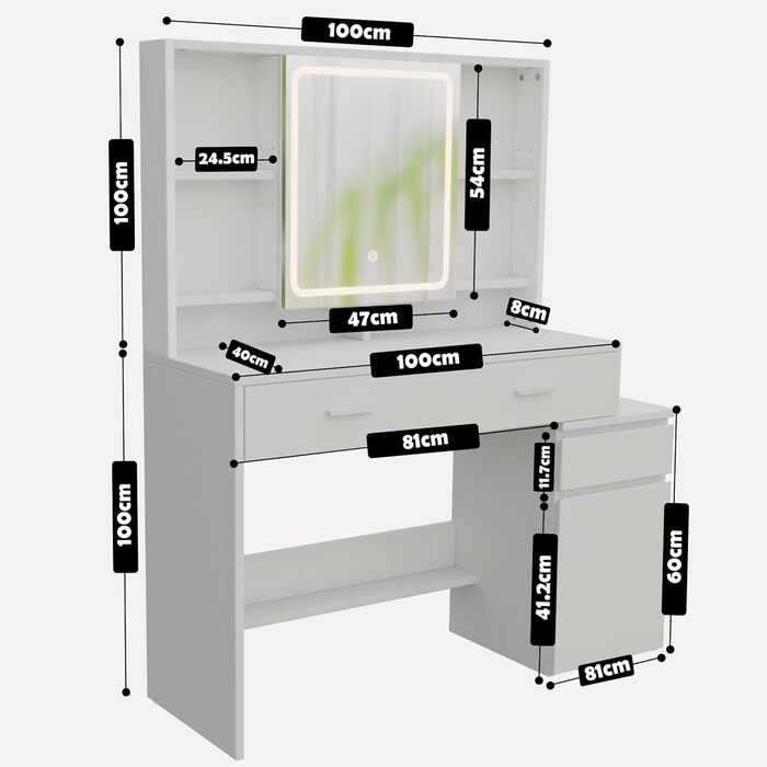 Дзеркало для макіяжу JUMMICO з LED-підсвічуванням, регульована яскравість та колірна температура, органайзер, туалетний столик з ящиками та регульованими полицями, 110x40x140 см