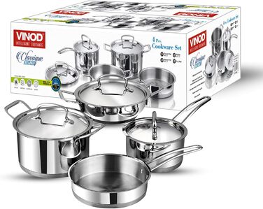 Набір кухонного посуду Vinod Classique Deluxe з нержавіючої сталі, 7 предметів: казан, сковорода, каструля з ручкою, соусник, кухонні аксесуари, індукційне дно, 2 роки гарантії