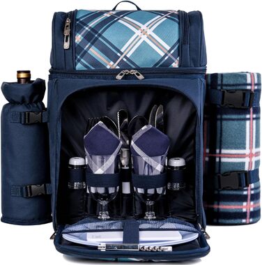 Рюкзак для пікніка ALLCAMP на 2 особи, блакитний, з набором посуду та термосумкою для пляшки/вина