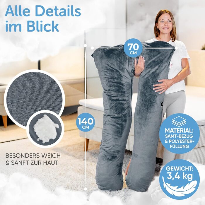 Подушка для сну на боці Lotus [З підігрівом] XXL, подушка комфорту, вагітна подушка, подушка для годування | (Світло-сірий)