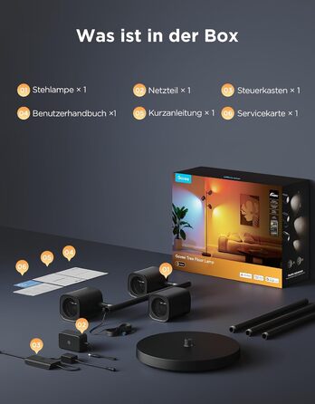 Світлодіодна підлогова лампа Govee 3-Flammen RGBWW, Matter, 1500lm, сумісна з Alexa, 64+ сцени, синхронізація з музикою, 157см, чорна для вітальні, спальні, кабінету