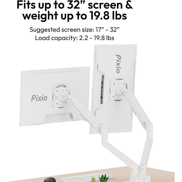 Кріплення для двох моніторів Pixio PS1D Wave White - настільний тримач, VESA, керування кабелями