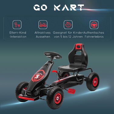 Дитячий карт, Kinder Gokart, з педальним приводом, регульоване сидіння, для використання в приміщенні та на вулиці, від 5 років, червоно-чорний, 121 x 58 x 61 см