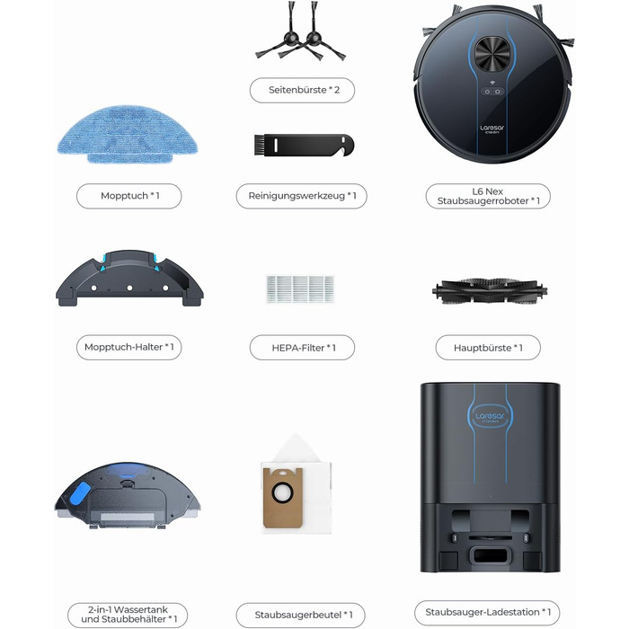 Робот-пилосос Laresar Clean з функцією миття підлоги, станція самоочищення L6 Nex, навігація LiDAR, 3л контейнер, до 180 хв роботи, 3-в-1 (прибирання, миття, пилосос), для видалення шерсті тварин, чорний