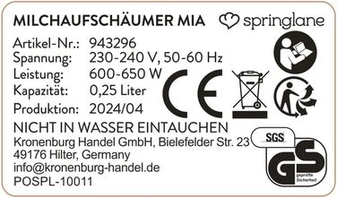 Електричний піноутворювач молока SPRINGLANE Mia, нержавіюча сталь, 600 Вт, 250 мл, 2 вставки, 4 програми для холодної або гарячої молочної піни, захист від перегріву, можна мити в посудомийній машині