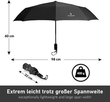 Складна парасолька STYNGARD Stormproof 140 км/год - відкриття-закриття-автомат, тефлонове покриття, коротка ручка, чорний