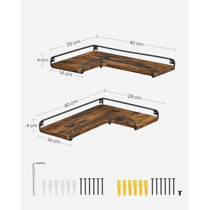 Набір кутових настінних полиць VASAGLE у стилі лофт, L-подібні полиці для вітальні, спальні та кухні, вінтажний коричневий та чорний, 2 шт. (LLS831B01)