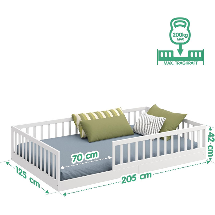 Ліжко дитяче CADANI Timi 2в1 Montessori 120x200 см з бортиками, ламелі, масив сосни, біле - 3 варіанти збірки, до 200 кг