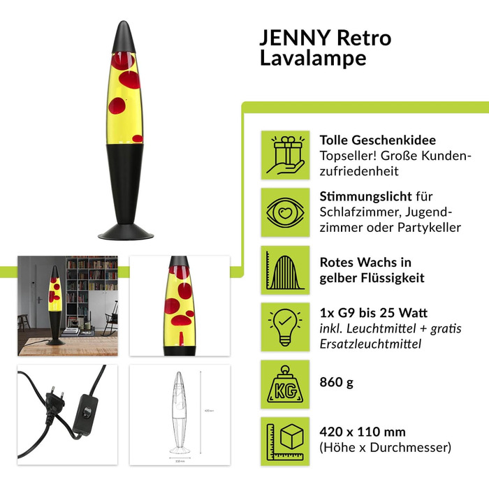 Лава-лампа 42 см/магма-лампа лава-лампа/лава-лампа фіолетово-червона/лава-лампа Дженні / G9 25 Вт / з кабельним вимикачем/подарункова ідея на Різдво/вкл. лампочку/ретро-лампа (червона, жовта, чорна)
