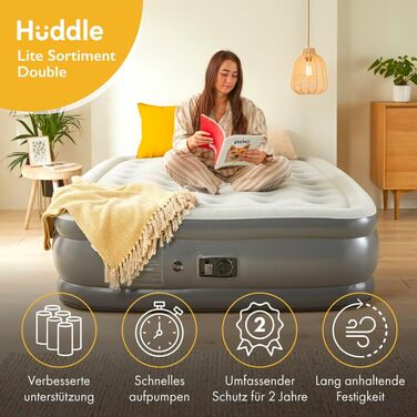 Надувне ліжко Huddle Lite з вбудованим насосом – комфортна матрац для кемпінгу, гостей та запасних кімнат (одинарне, двоспальне, king-size)