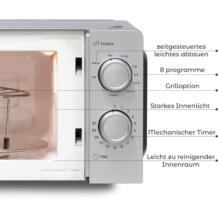 Мікрохвильова піч 2-в-1 з грилем / 20 літрів / 700 Вт / 8 рівнів потужності / скляне обертове блюдо (Ø 24,5 см) / функція розморожування за часом / внутрішня камера для приготування їжі, яку легко чистити / сріблясто-сріблястий з одинарним грилем