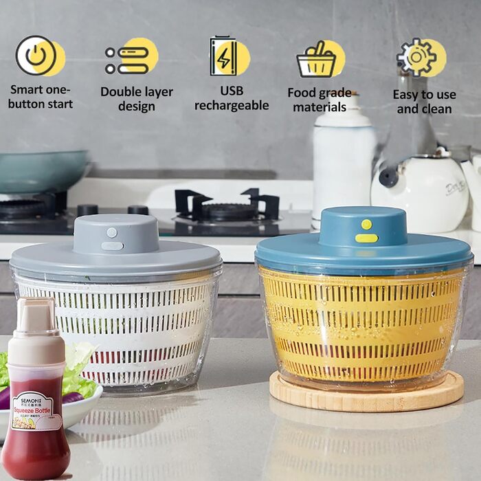 Електрична салатниця 4л: автоматичний сушар для салату, овочів та фруктів з пляшкою 350мл