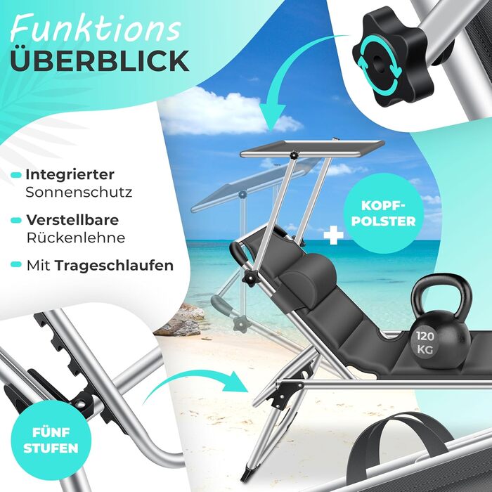 Шезлонг KESSER® Sun з дахом для саду: регульована спинка, зручна лежача поверхня, алюмінієвий каркас, портативний, антрацит (з преміум-подушкою)