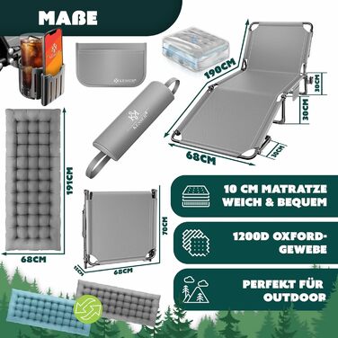 Розкладне кемпінгове ліжко KESSER з преміум-матрацом та подушкою, 190 x 68 x 30 см, витримує до 250 кг, з кишенею та підстаканником, сіре/блакитне